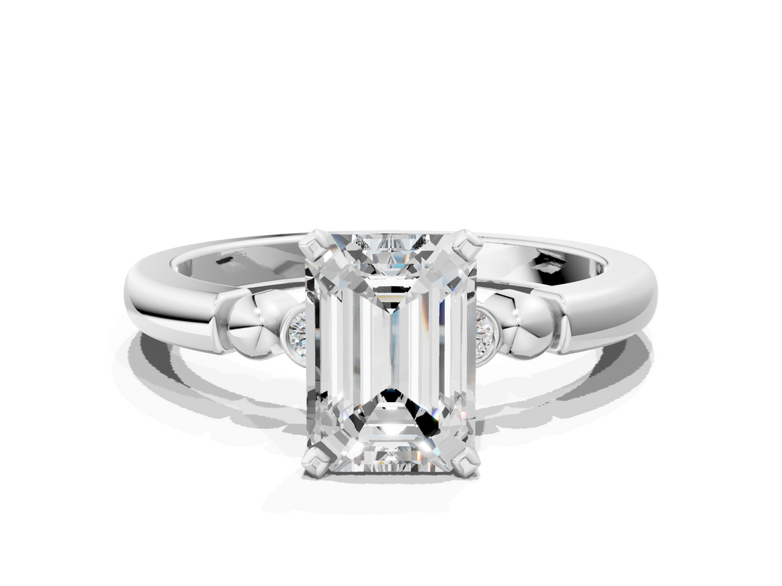 White gold Emerald Solitaire Beaded Band with Four-Prong Setting_66