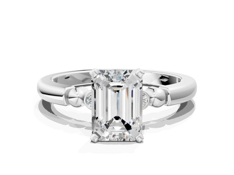 White gold Emerald Solitaire Beaded Band with Four-Prong Setting