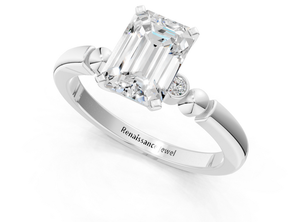 White gold Emerald Solitaire Beaded Band with Four-Prong Setting