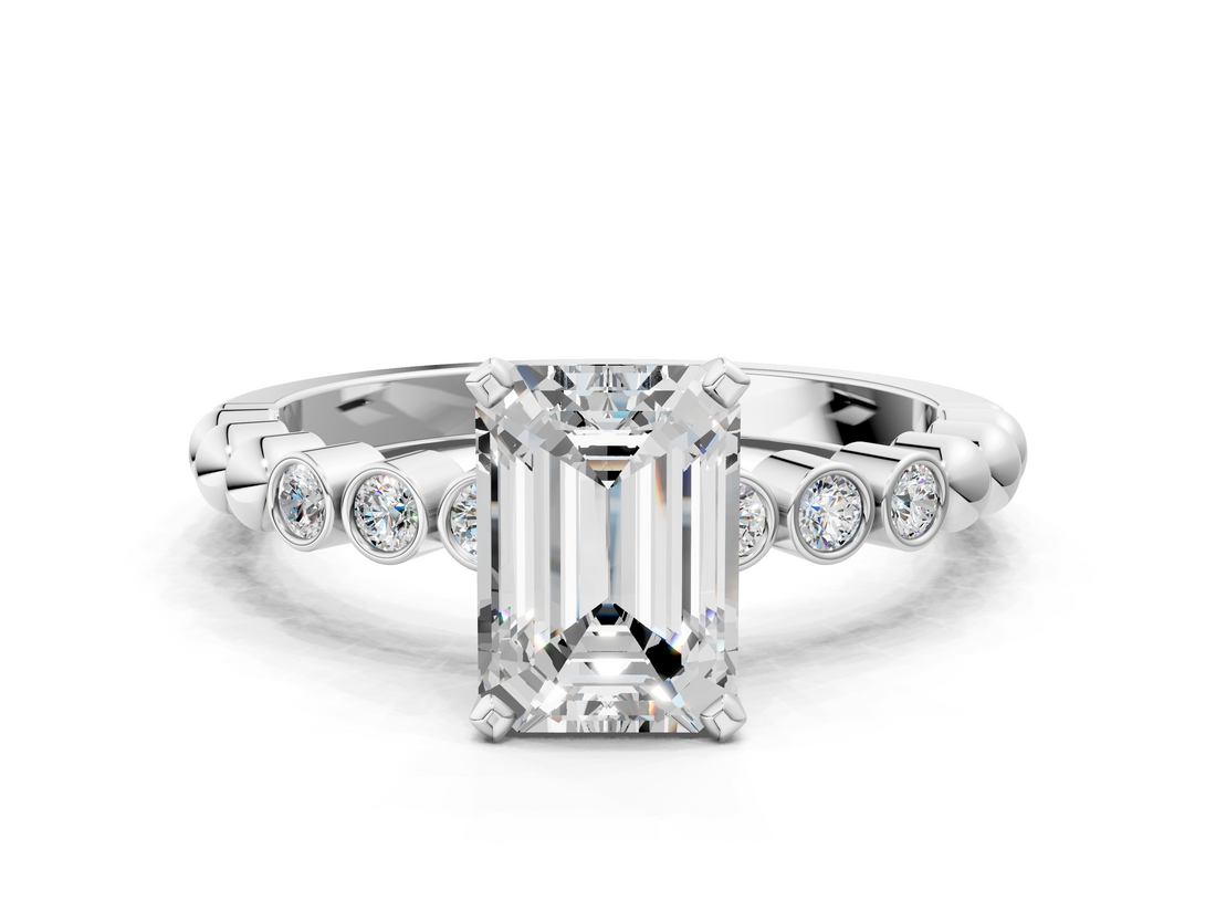 White gold Emerald Solitaire Bezel Accent Diamond Engagement Ring with Beaded Band and Four-Prong Setting_92