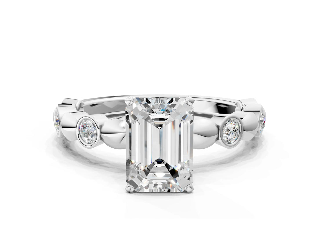 White gold Emerald Solitaire Bezel-Set Diamond Ring with Beaded Band and Four-Prong Setting_65