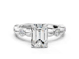 White gold Emerald Solitaire Bezel-Set Diamond Ring with Beaded Band and Four-Prong Setting_65