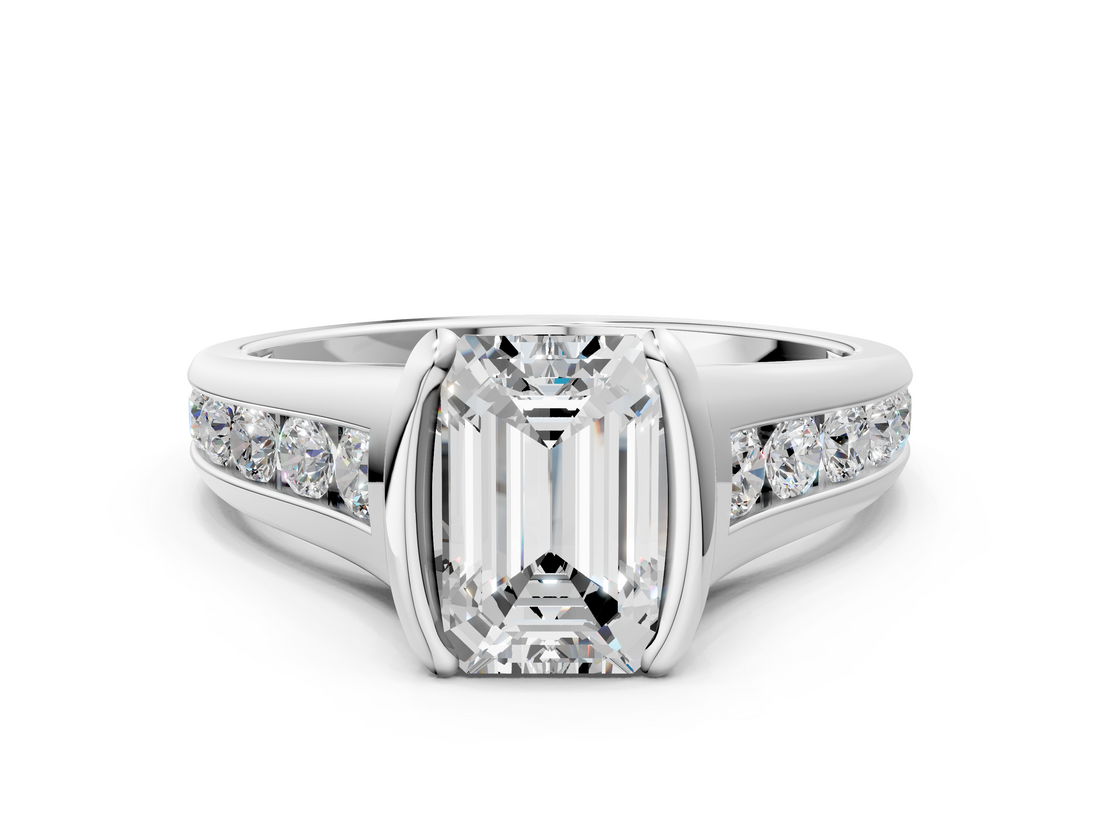 White gold Emerald Solitaire Bezel-Set Diamond Ring with Channel-Set Band_56