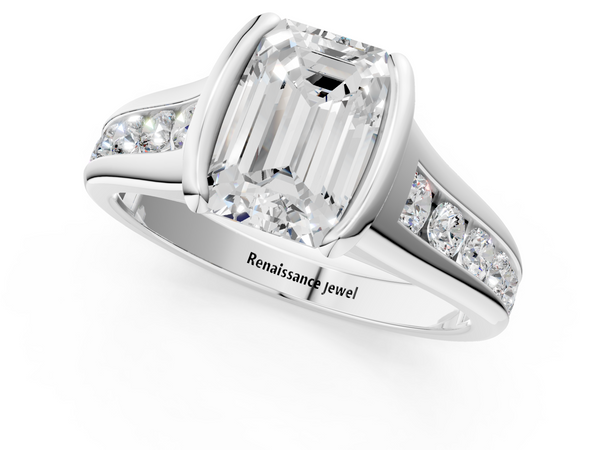 White Gold Emerald Cut Half Bezel Engagement Ring Setting with Graduated Channel Set Accents