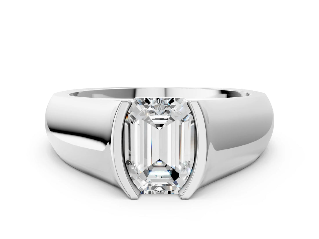 White gold Emerald Solitaire Bezel Set Diamond Ring with Wide Band_3