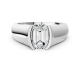 White gold Emerald Solitaire Bezel Set Diamond Ring with Wide Band_3