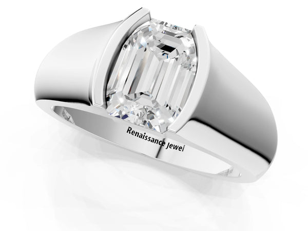 White Gold Emerald Cut Half Bezel Solitaire Engagement Ring Setting