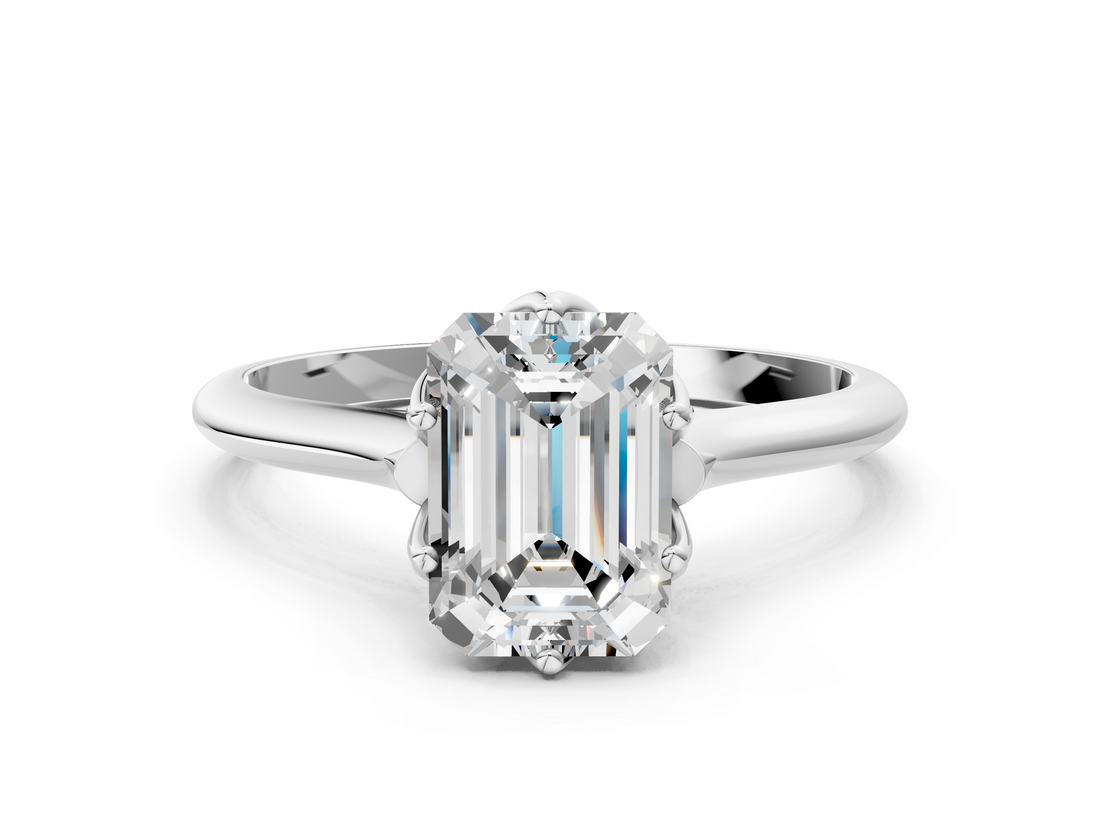 White gold Emerald Solitaire Cathedral Diamond Ring with Six-Prong Setting_25