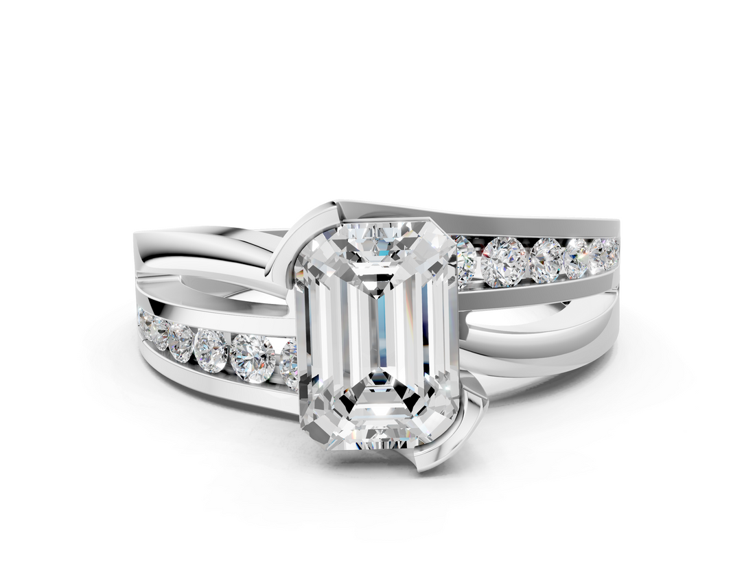 14K White Gold 3.73 Carat E VS1 Emerald Solitaire Channel-Set Split Shank Ring with Tension Prong Setting