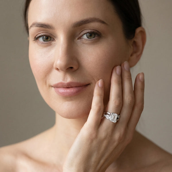 White gold Emerald Solitaire Channel-Set Split Shank Ring with Tension Prong Setting
