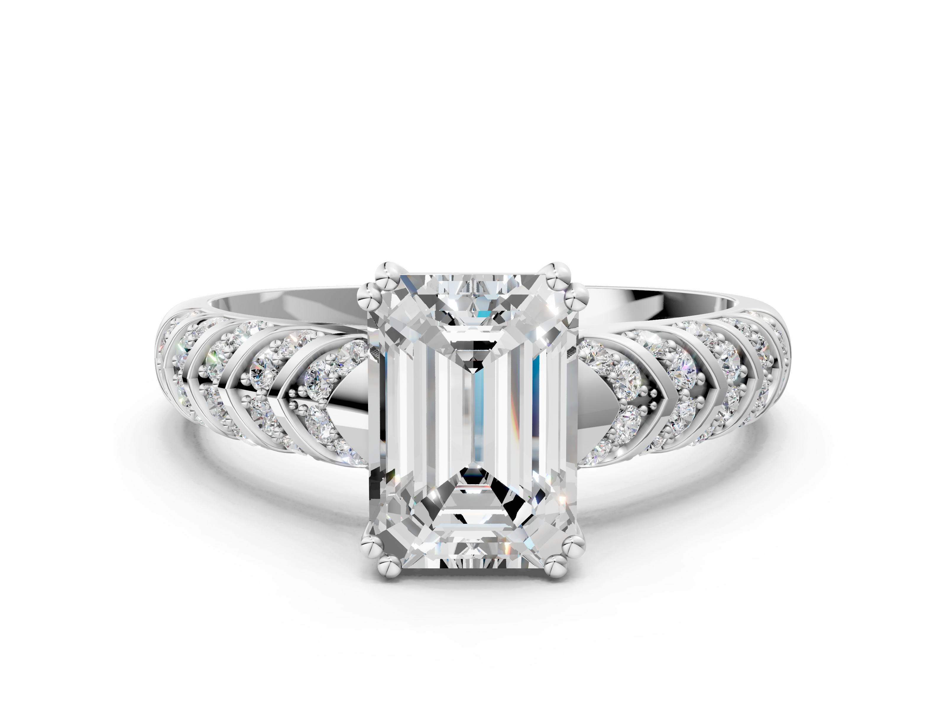 White gold Emerald Solitaire Chevron Pave Diamond Engagement Ring with Six-Prong Setting_3