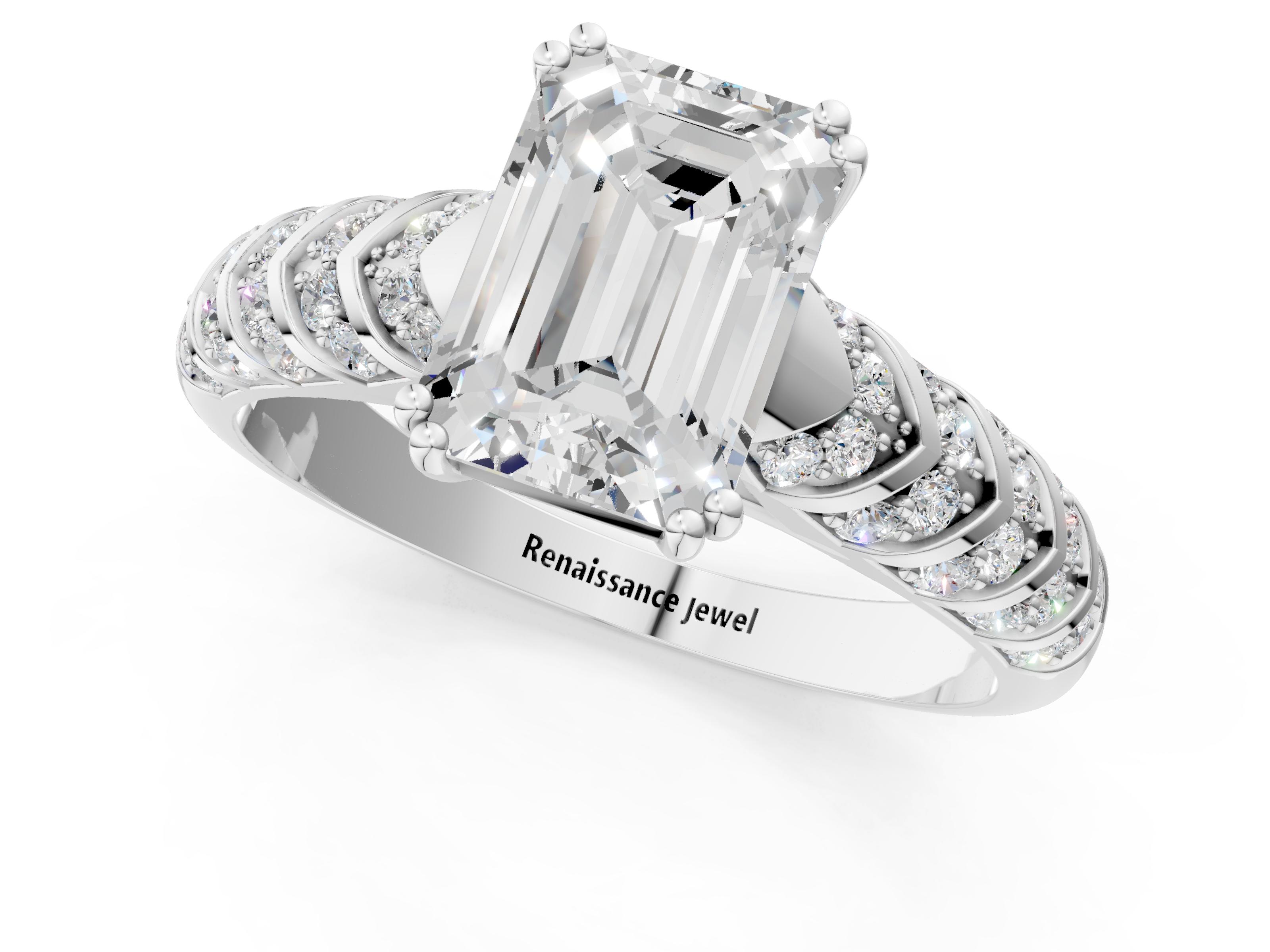 White gold Emerald Solitaire Chevron Pave Diamond Engagement Ring with Six-Prong Setting_4