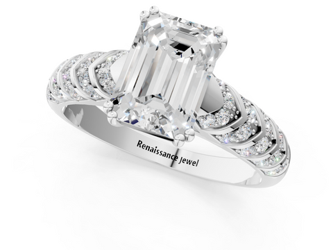 White gold Emerald Solitaire Chevron Pave Diamond Engagement Ring with Six-Prong Setting_4