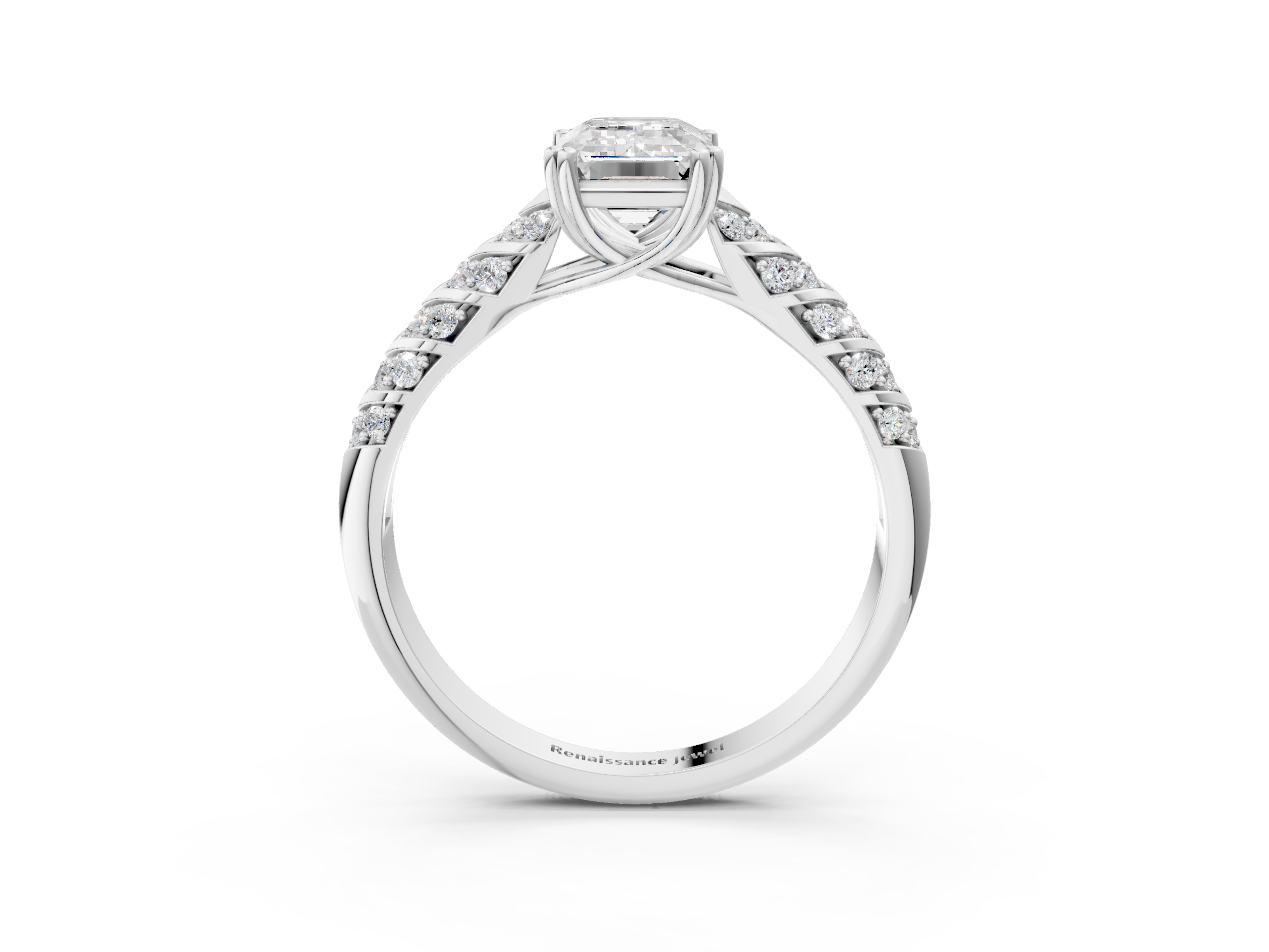 White gold Emerald Solitaire Chevron Pave Diamond Engagement Ring with Six-Prong Setting_6