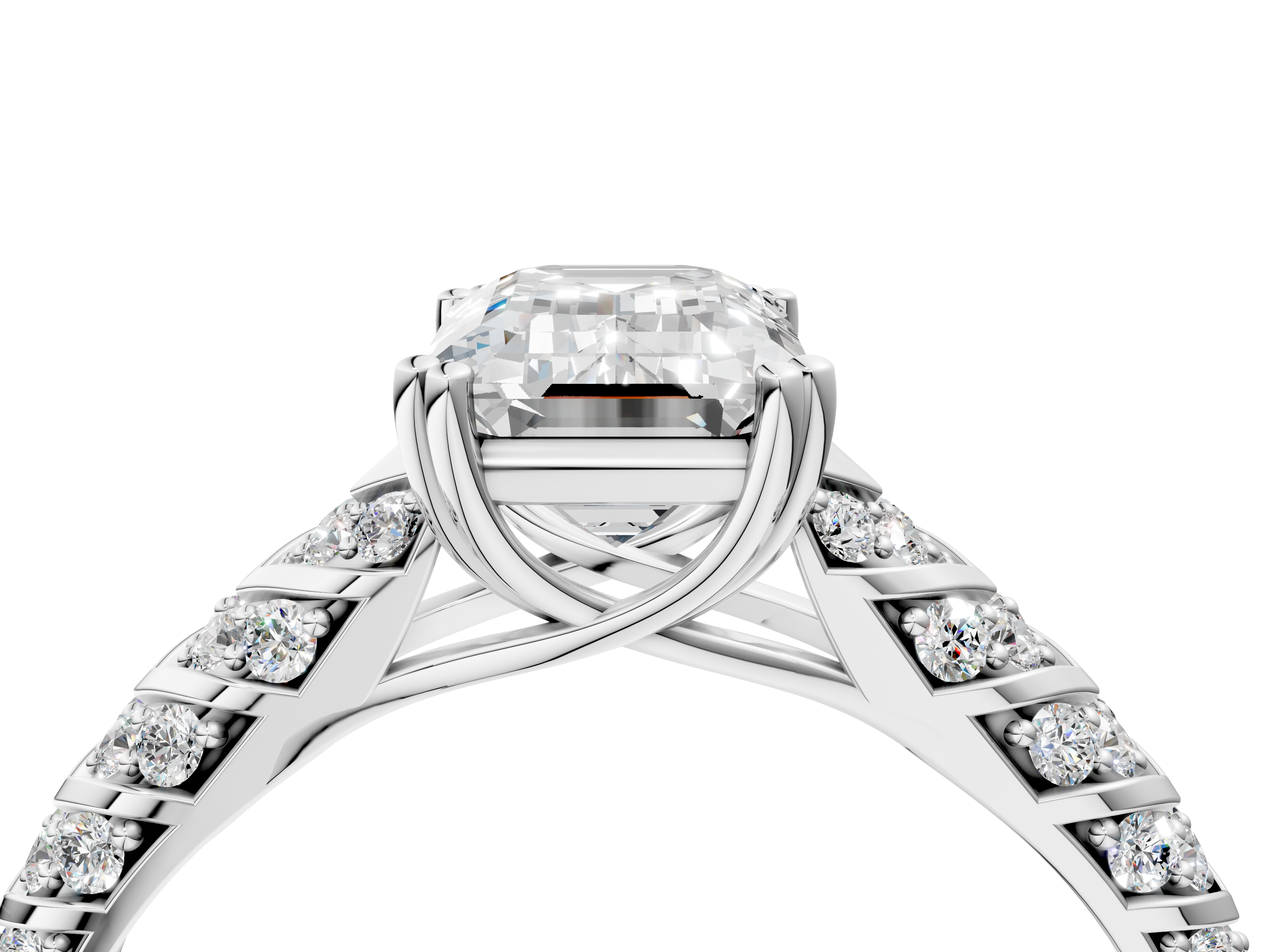 White gold Emerald Solitaire Chevron Pave Diamond Engagement Ring with Six-Prong Setting_7