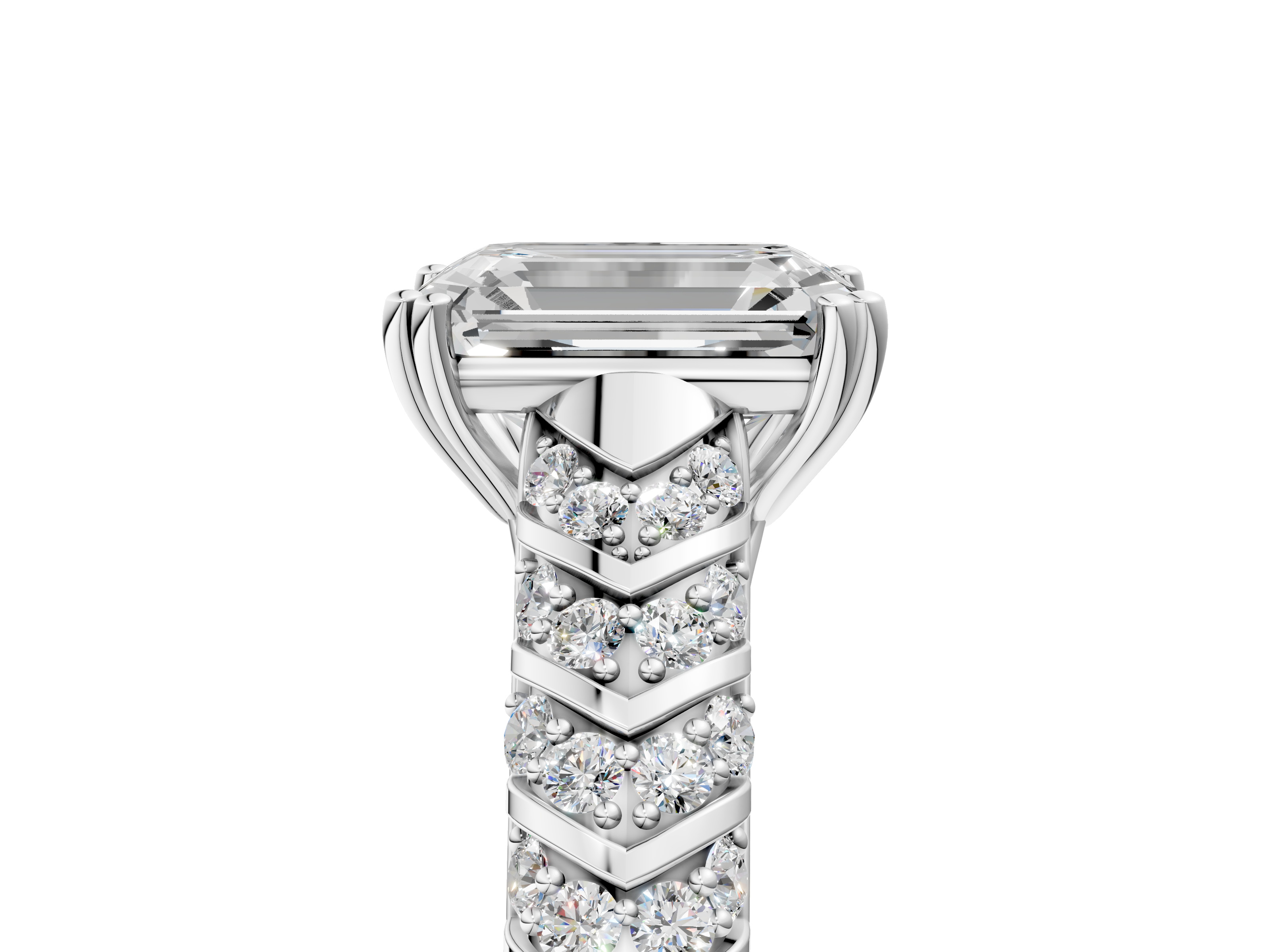 White gold Emerald Solitaire Chevron Pave Diamond Engagement Ring with Six-Prong Setting_8