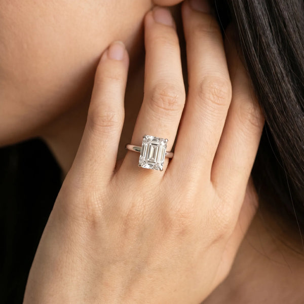 White gold Emerald Solitaire Diamond Engagement Ring with Four-Prong Setting on a Classic Band