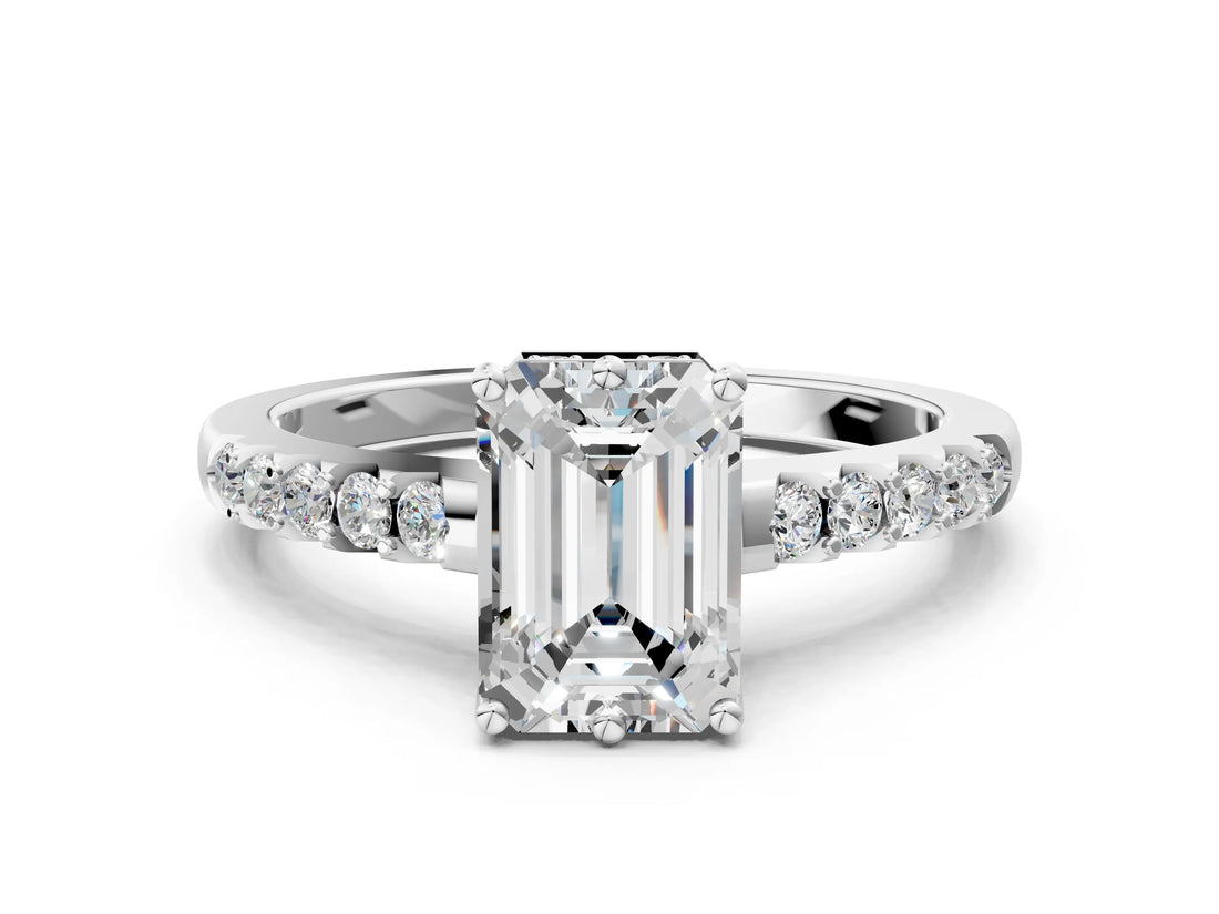 White gold Emerald Solitaire Diamond Engagement Ring with Pavé Band and Six-Prong Setting_59