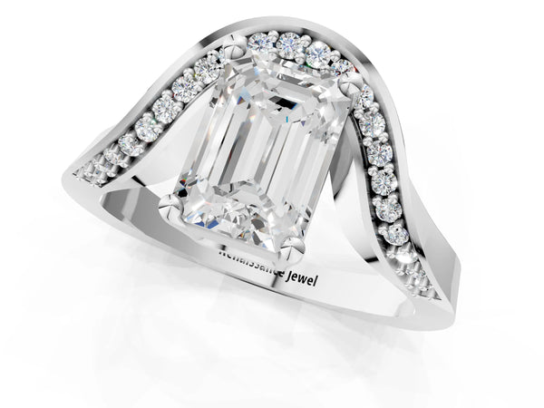 White gold Emerald Solitaire Diamond Engagement Ring with Pave Band and Four-Prong Setting