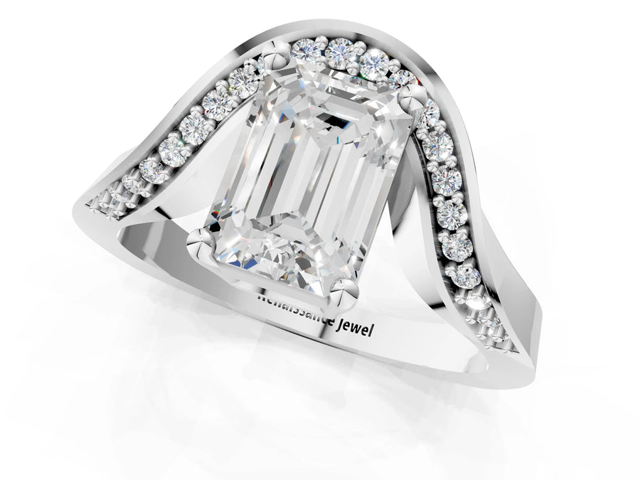 White gold Emerald Solitaire Diamond Engagement Ring with Pave Band and Four-Prong Setting