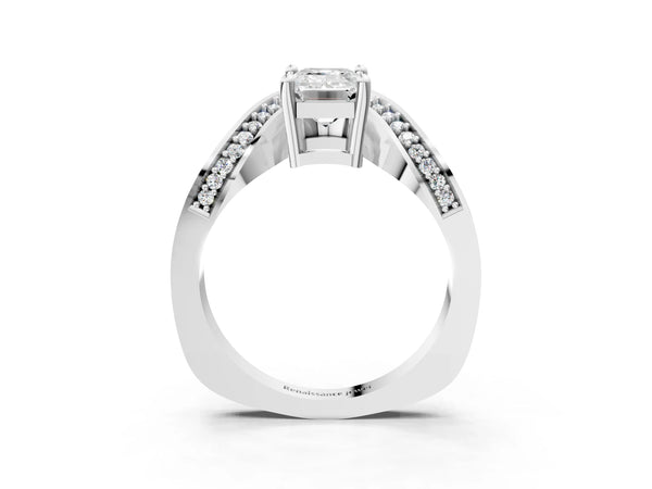 White gold Emerald Solitaire Diamond Engagement Ring with Pave Band and Four-Prong Setting