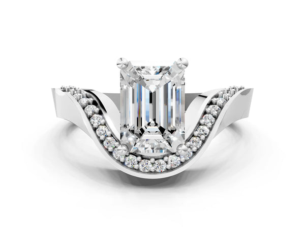 White gold Emerald Solitaire Diamond Engagement Ring with Pave Band and Four-Prong Setting