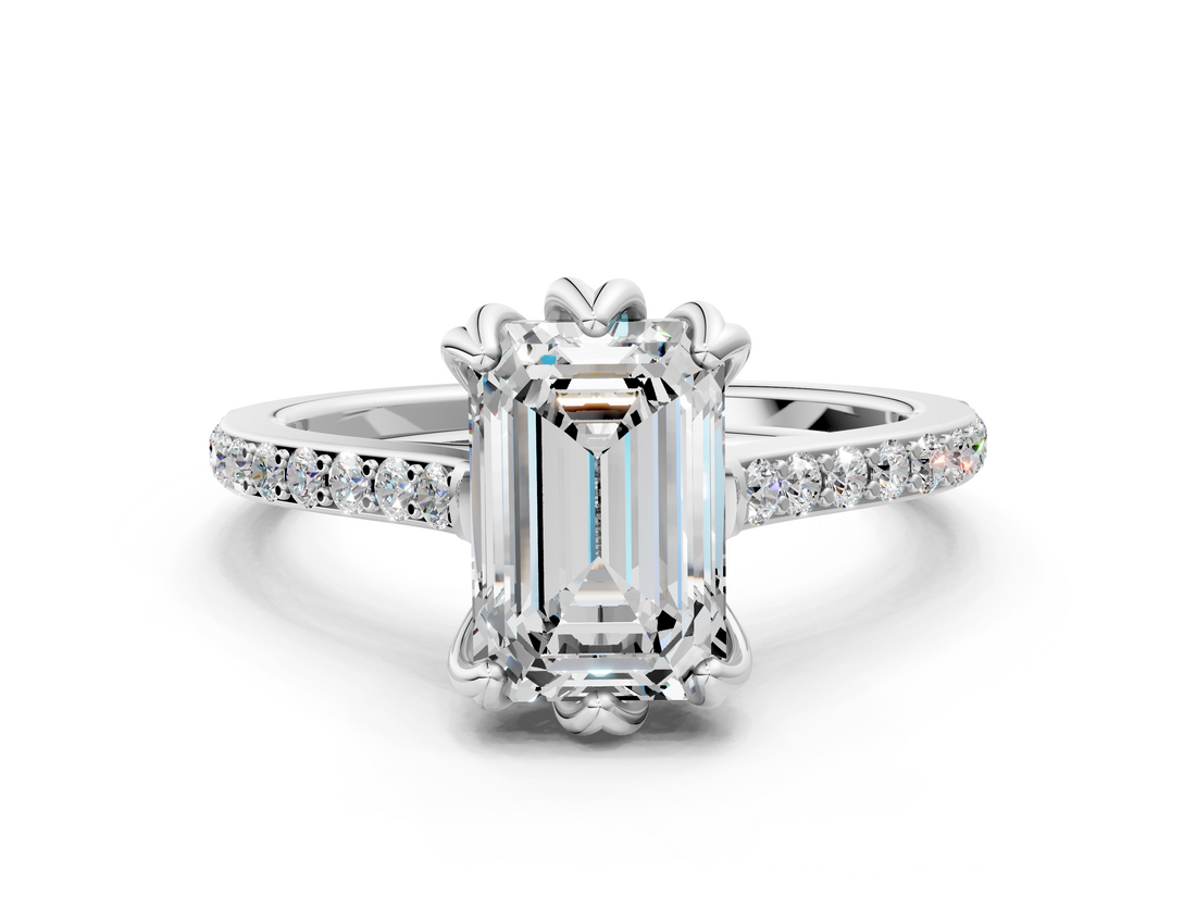 White gold Emerald Solitaire Diamond Engagement Ring with Pave Band and Six-Prong Setting_82