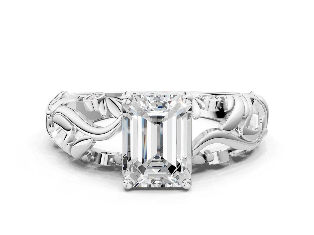 White gold Emerald Solitaire Diamond Leaf Vine Band with Prong Setting_37