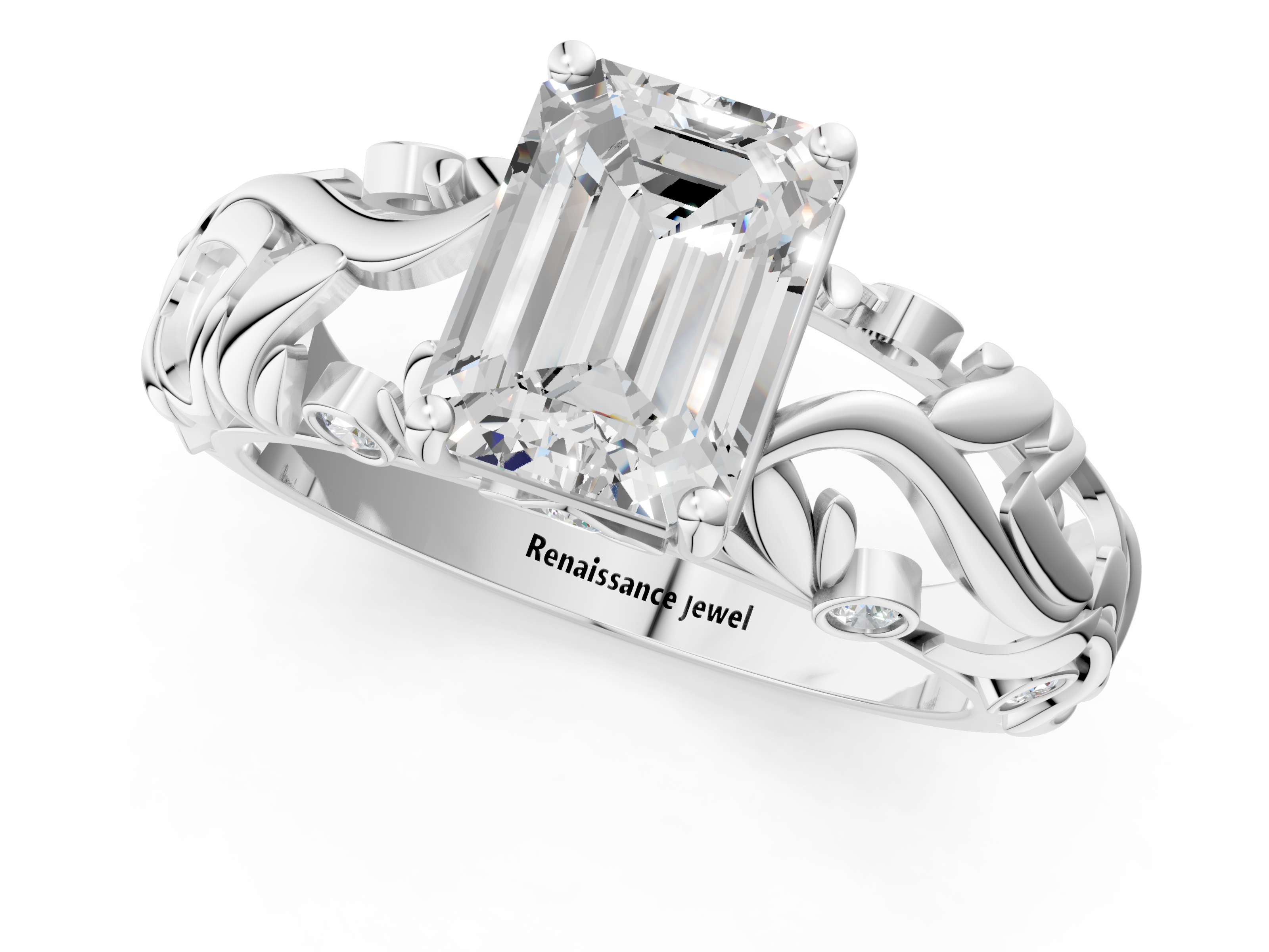 White gold Emerald Solitaire Diamond Leaf Vine Band with Prong Setting_40