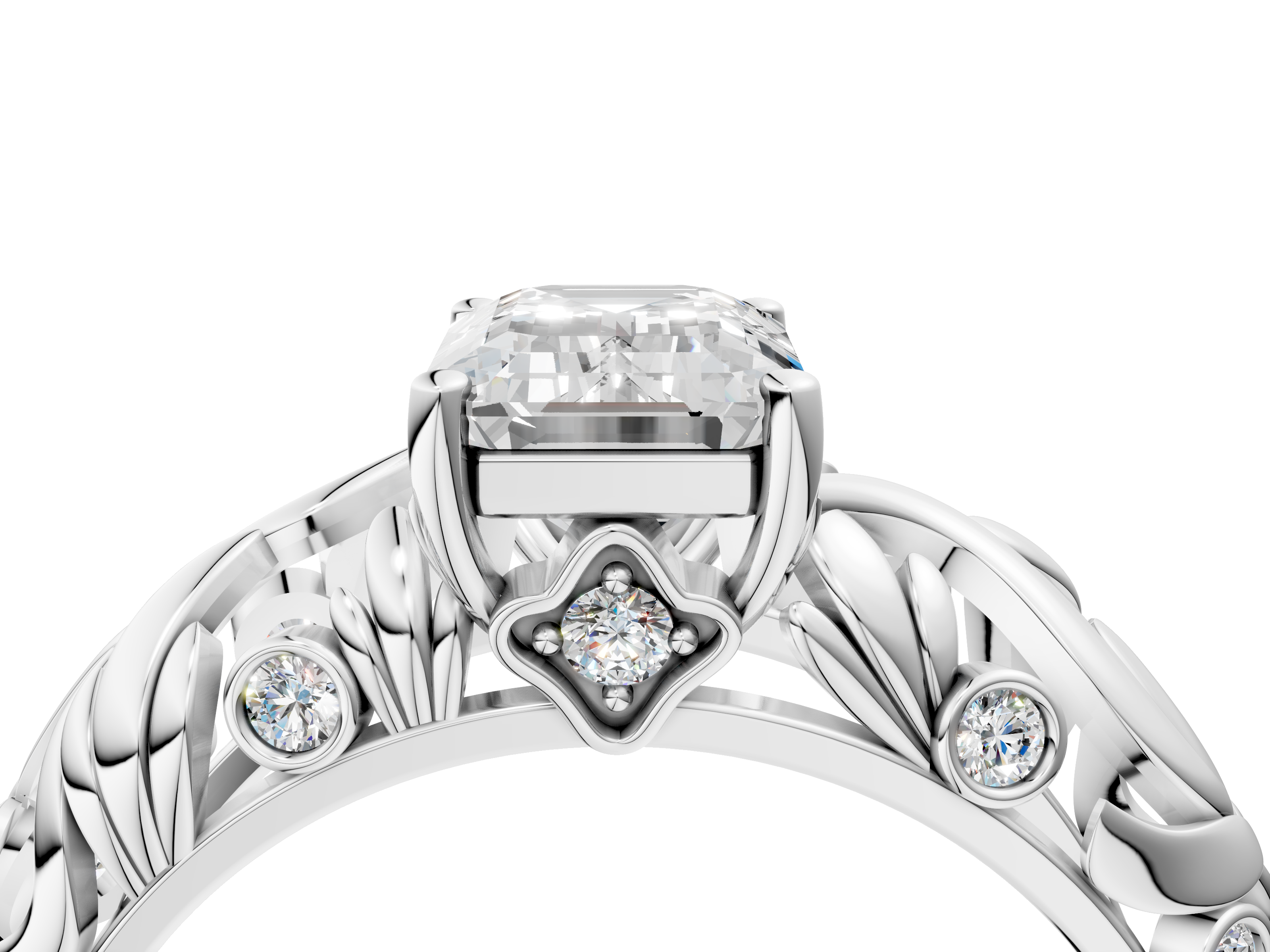 White gold Emerald Solitaire Diamond Leaf Vine Band with Prong Setting_43