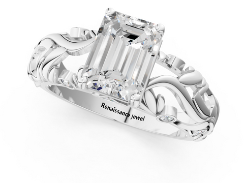 White gold Emerald Solitaire Diamond Leaf Vine Band with Prong Setting_48