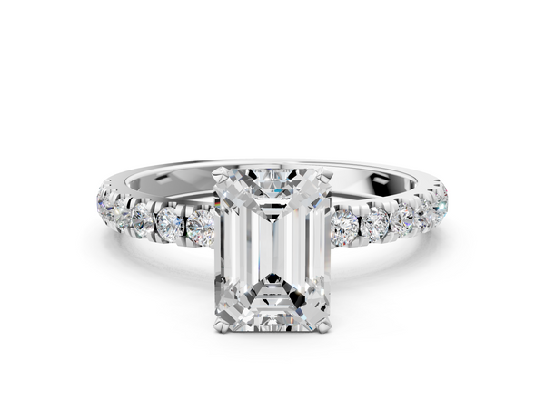 White gold Emerald Cut Diamond Solitaire Ring with Pavé Accents and Four-Prong Setting