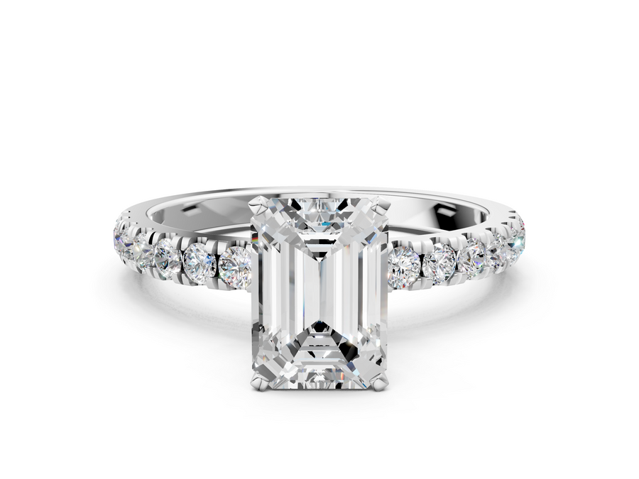 White gold Emerald Cut Diamond Solitaire Ring with Pavé Accents and Four-Prong Setting