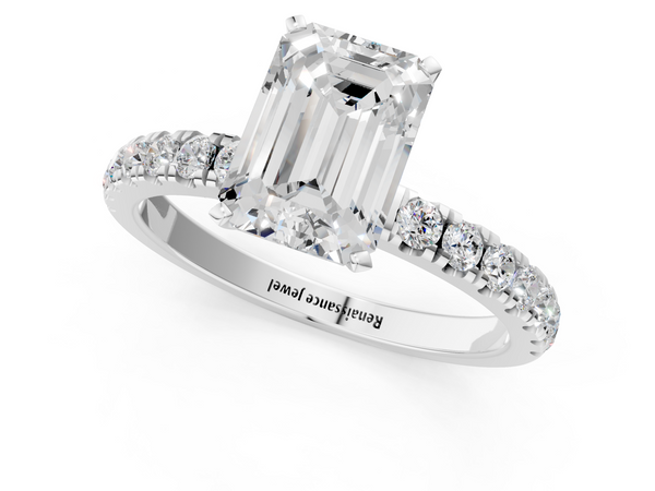 White gold Emerald Cut Diamond Solitaire Ring with Pavé Accents and Four-Prong Setting