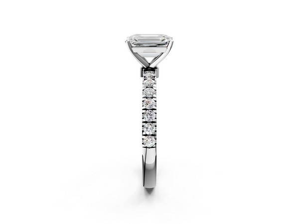 White gold Emerald Cut Diamond Solitaire Ring with Pavé Accents and Four-Prong Setting