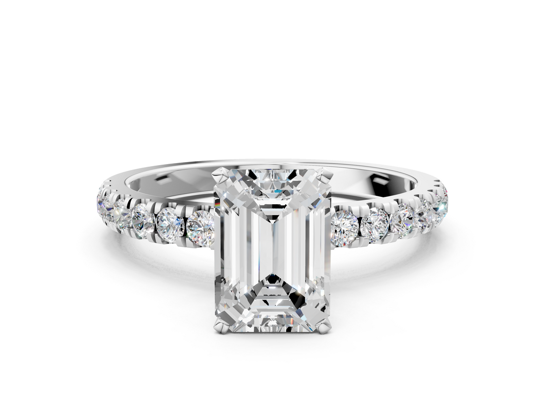 White gold Emerald Solitaire Diamond Pavé Band with Four-Prong Setting_66