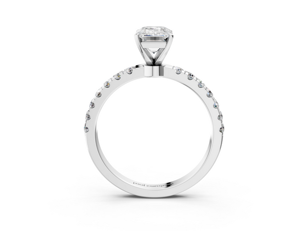 White gold Emerald Cut Diamond Solitaire Ring with Pavé Accents and Four-Prong Setting
