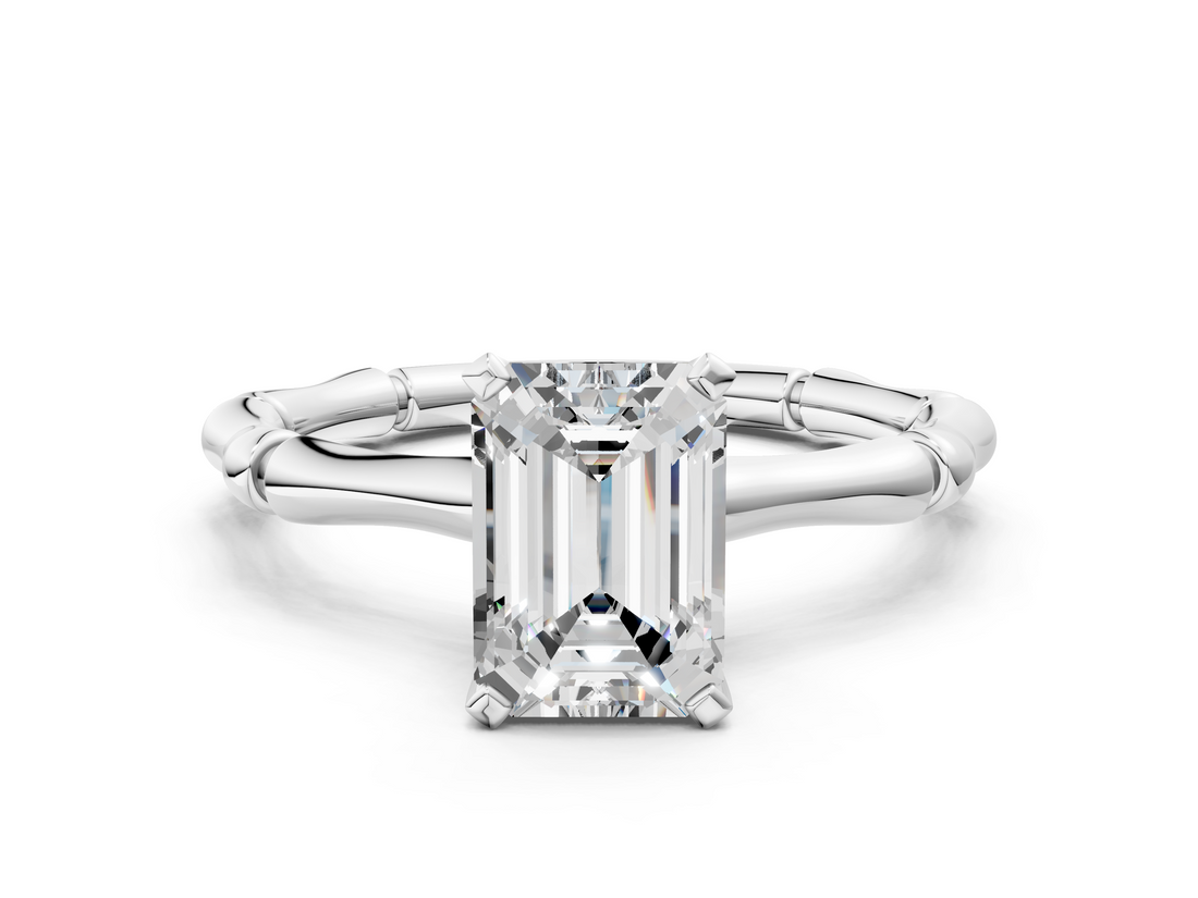 White gold Emerald Solitaire Diamond Ring with Bamboo Band and Four-Prong Setting_83