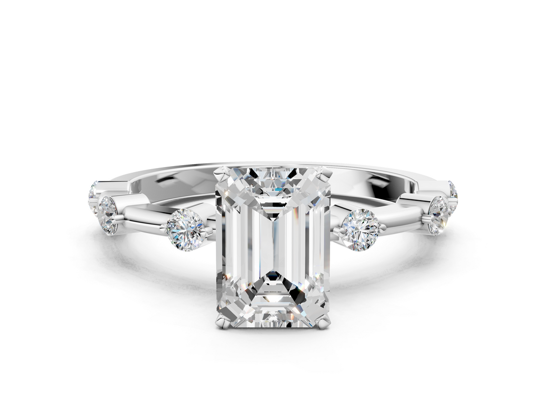 White gold Emerald Solitaire Diamond Ring with Bezel Set Side Stones and Prong Setting_41