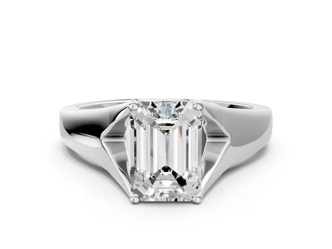 White gold Emerald Solitaire Diamond Ring with Cathedral Band and Four-Prong Setting_66