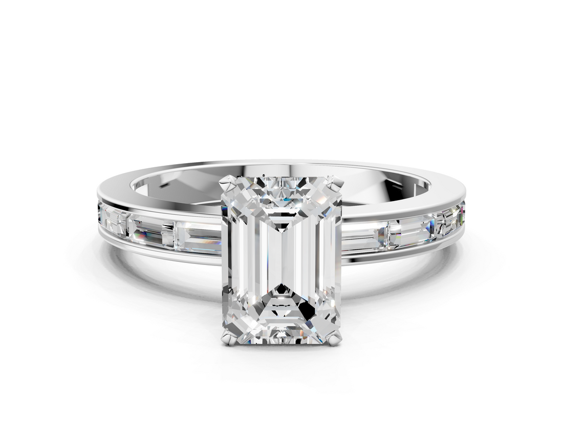 White gold Emerald Solitaire Diamond Ring with Channel-Set Baguette Band and Four-Prong Setting_113