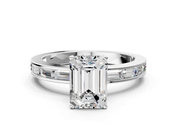 White gold Emerald Solitaire Diamond Ring with Channel-Set Baguette Band and Four-Prong Setting