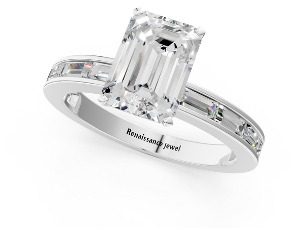 White gold Emerald Solitaire Diamond Ring with Channel-Set Baguette Band and Four-Prong Setting
