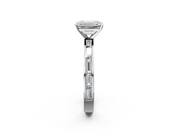 White gold Emerald Solitaire Diamond Ring with Channel-Set Baguette Band and Four-Prong Setting