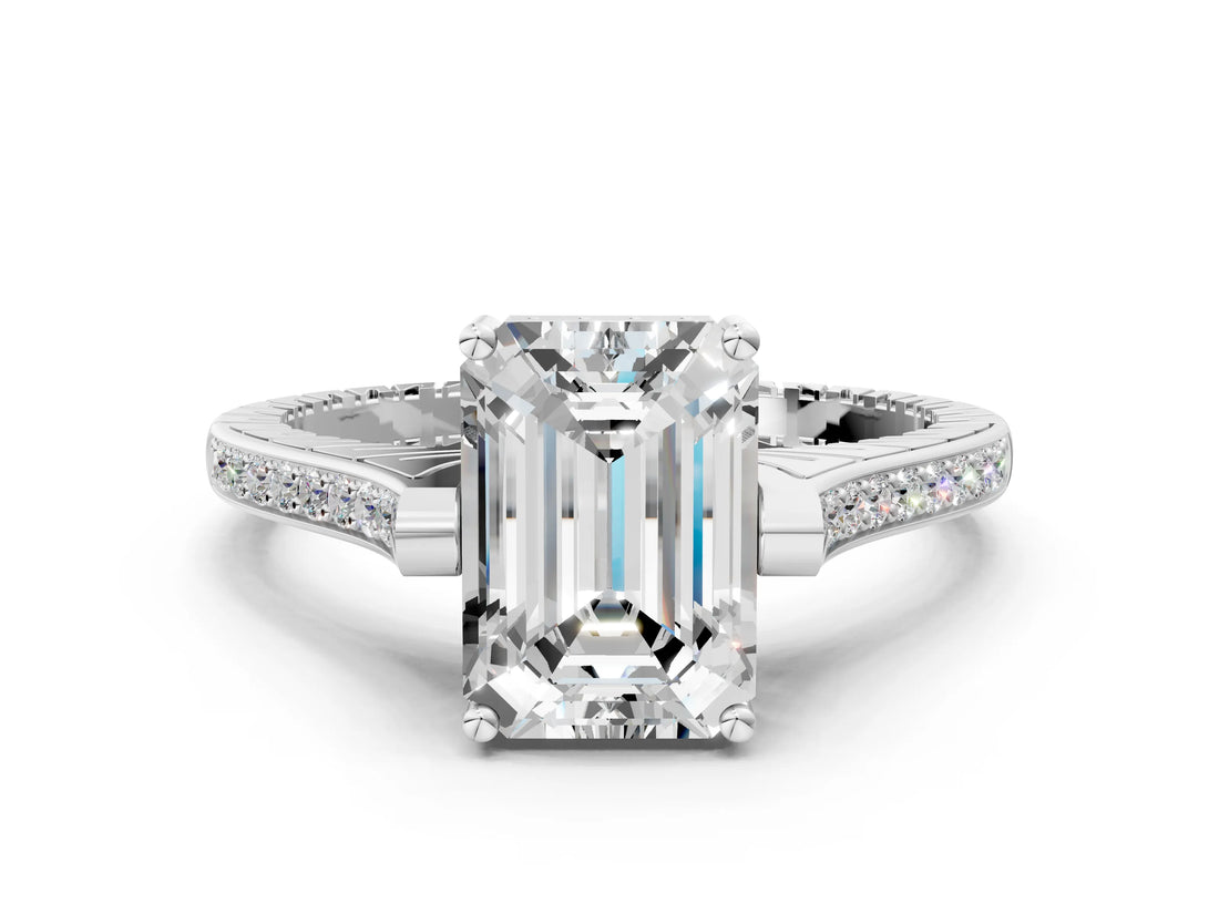 White gold Emerald Solitaire Diamond Ring with Channel Set Band and Bezel Prong Setting_56