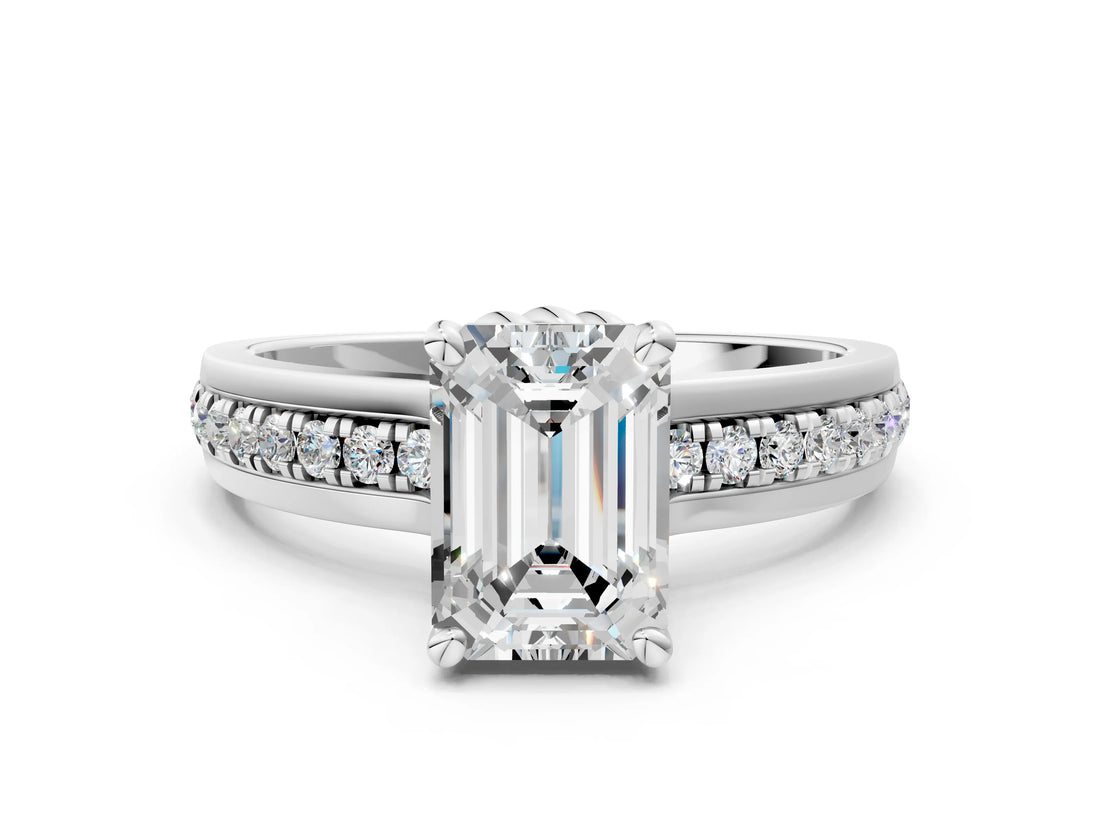 White gold Emerald Solitaire Diamond Ring with Channel Set Band and Six-Prong Setting_51