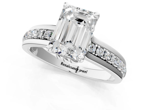 Platinum Emerald Cut Solitaire Engagement Ring Setting with Raised Channel Band and Rope Collar Head
