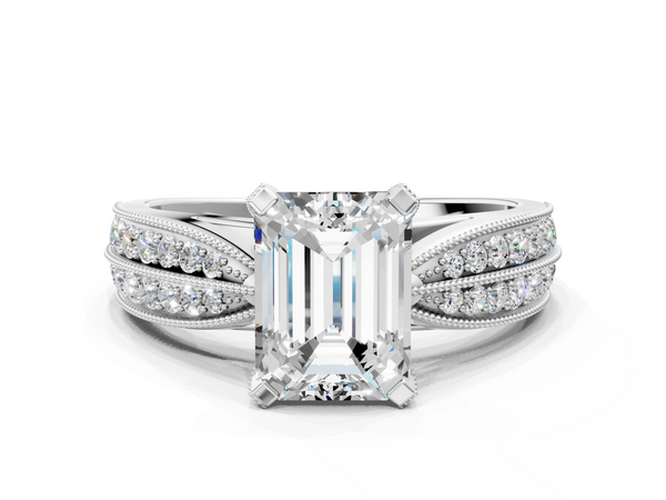 White gold Emerald Solitaire Diamond Ring with Milgrain Pavé Band and Four-Prong Setting