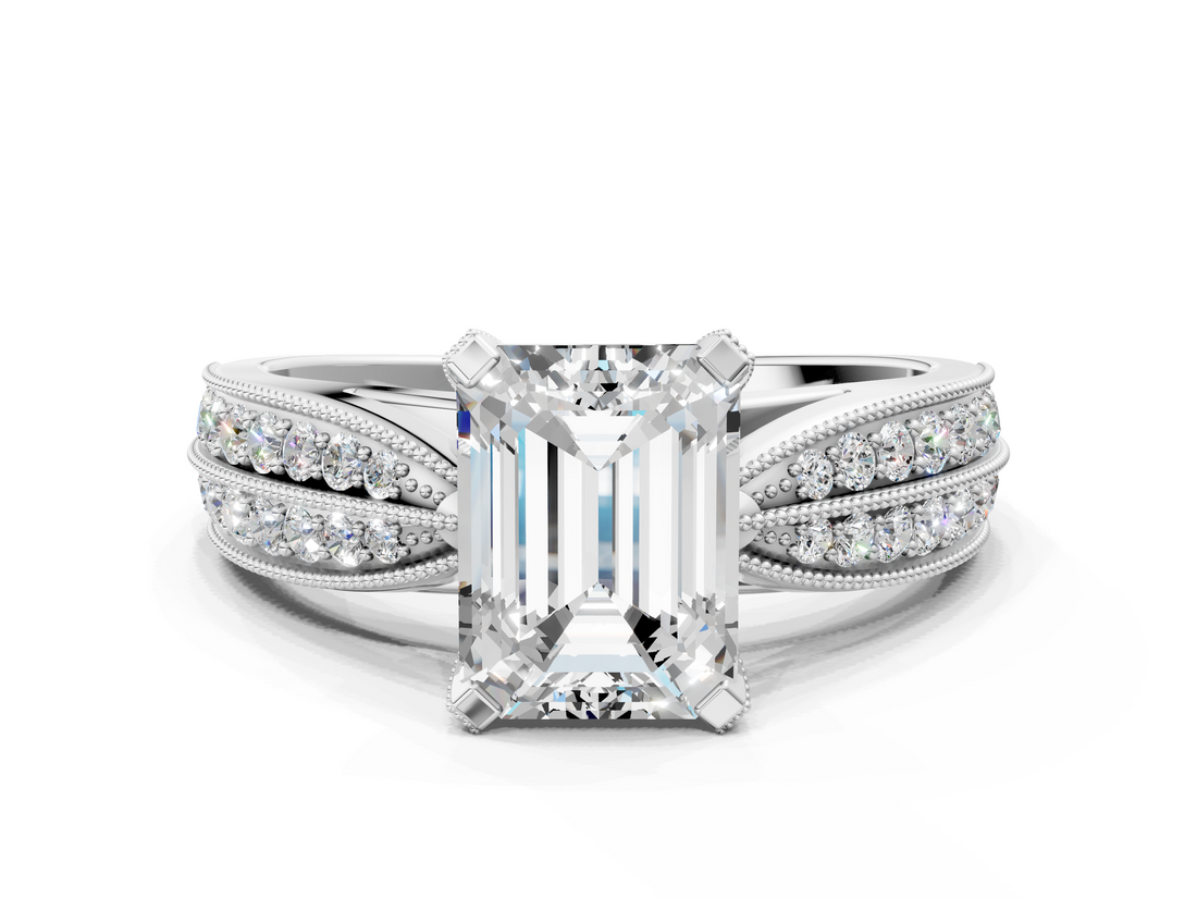 White gold Emerald Solitaire Diamond Ring with Milgrain Pavé Band and Four-Prong Setting_157