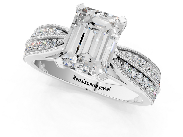 White gold Emerald Solitaire Diamond Ring with Milgrain Pavé Band and Four-Prong Setting